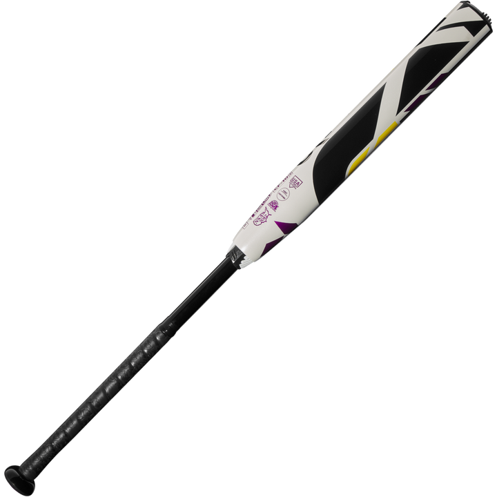 The 2025 DeMarini CF (-10) Fastpitch Softball Bat (WBD2550010) features a black handle, white barrel with purple, black, and yellow angular designs, and is made from Paraflex Plus Composite. Displayed on a white background.