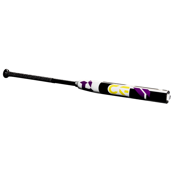 The 2025 DeMarini CF (-10) Fastpitch Softball Bat (WBD2550010) features a patterned grip and a white barrel with purple, black, and yellow geometric designs. Crafted from Paraflex Plus Composite, it’s displayed on a plain white background.