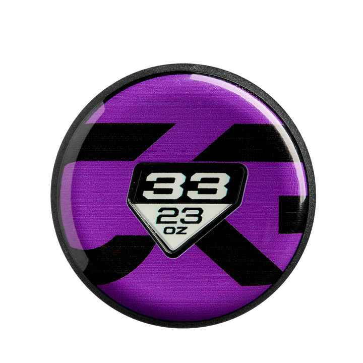 Inspired by the advanced Paraflex Plus Composite in DeMarini's 2025 CF (-10) Fastpitch Softball Bat (WBD2550010), this round purple hockey puck features bold black markings and a white shield displaying "38" and "2.3 oz" in black text.