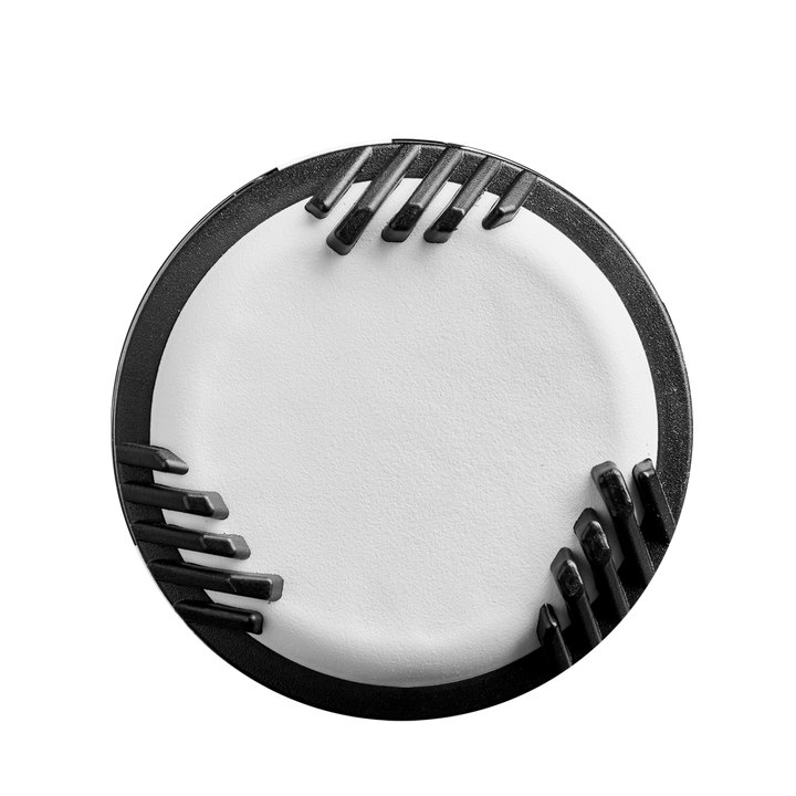 A round white cake with smooth frosting and clusters of dark chocolate pieces along the edge is showcased on a plain white background—elegant and precise, just like the 2025 DeMarini CF (-10) Fastpitch Softball Bat: WBD2550010.