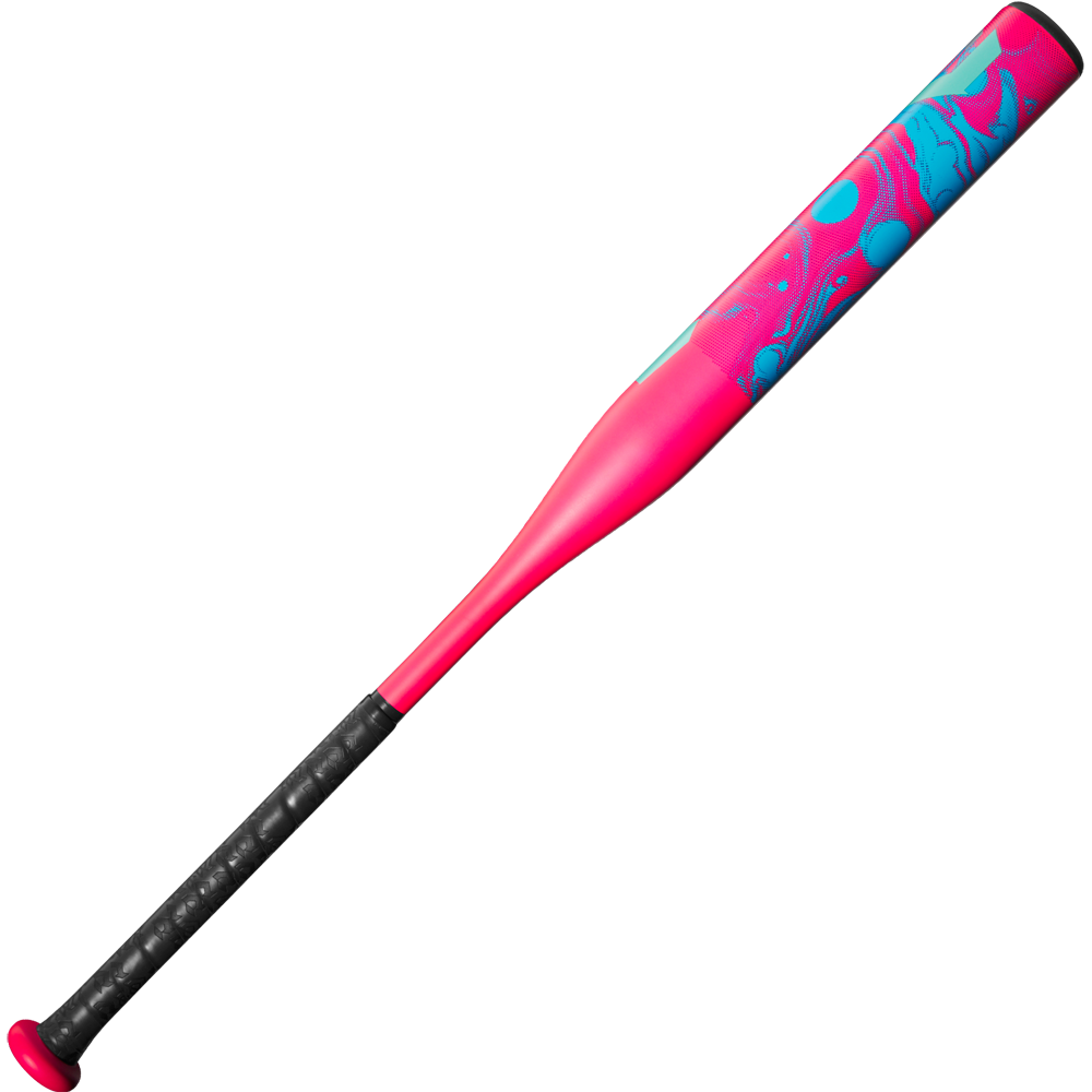 The 2025 DeMarini Uprising (-12) Fastpitch Softball Bat (WBD2555010) features a black grip, bright pink barrel, and blue marbled swirl near the top, shown against a plain white background.