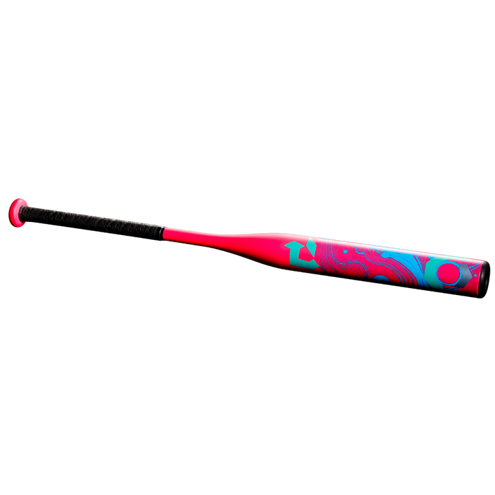 The 2025 DeMarini Uprising (-12) Fastpitch Softball Bat (WBD2555010) combines style and performance in a sleek pink and blue design for youth players.
