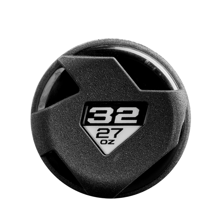 A black, circular bottle lid with a textured grip and geometric cutouts, featuring “32” above “27 oz” in white on a black-and-white triangular section inspired by the bold look of the 2025 DeMarini Voodoo One USSSA Baseball Bat.