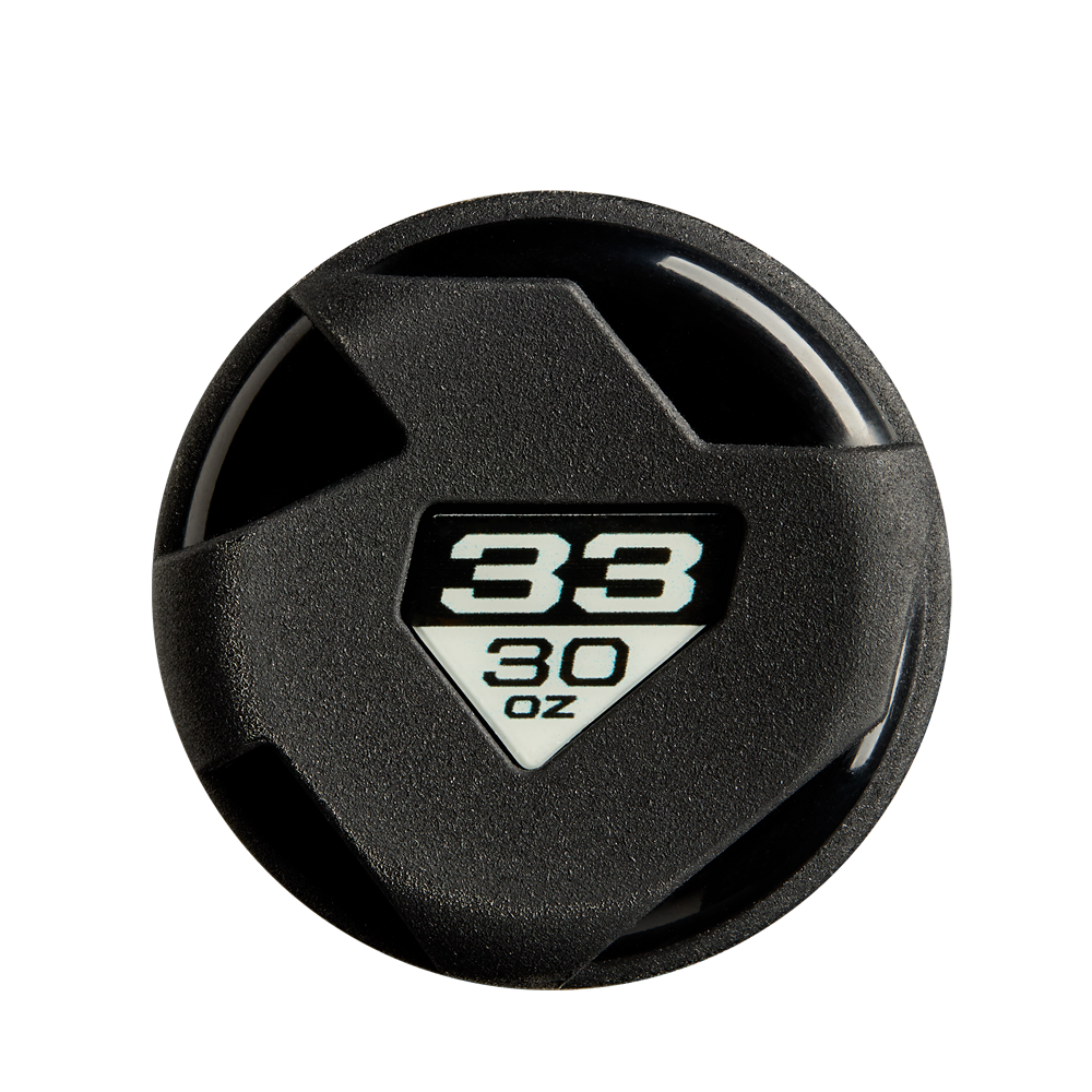 Inspired by the bold look of the DeMarini The Goods Neon Yellow BBCOR Baseball Bat, this black plastic cap has a rugged angular design and a triangular window showing "33" above "30 oz" in black on white.