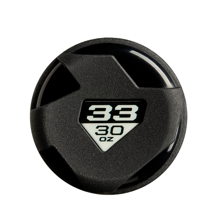 Inspired by the bold look of the DeMarini The Goods Neon Yellow BBCOR Baseball Bat, this black plastic cap has a rugged angular design and a triangular window showing "33" above "30 oz" in black on white.