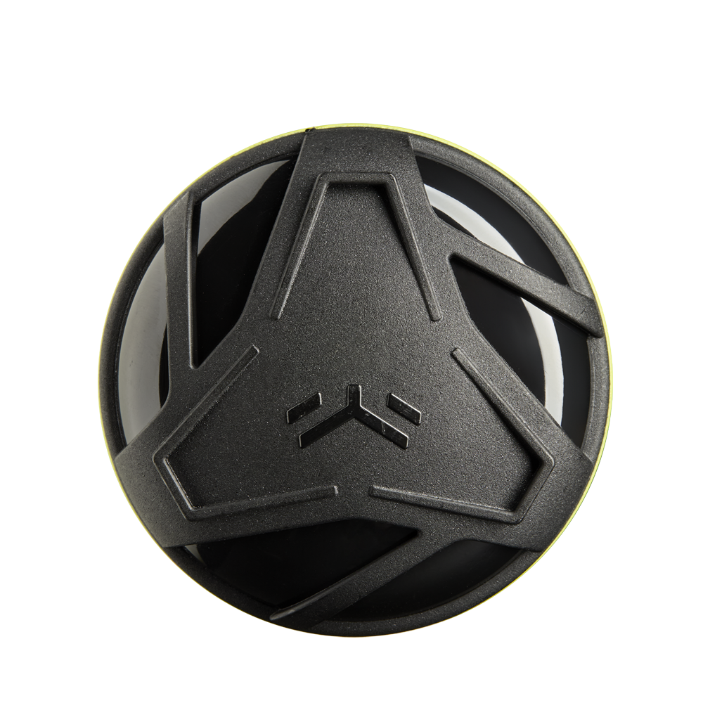A matte black sphere with a raised triangular pattern and fine etched lines, echoing the bold design of the 2025 DeMarini The Goods Neon Yellow (-3) BBCOR Baseball Bat by DeMarini, stands against a white backdrop.