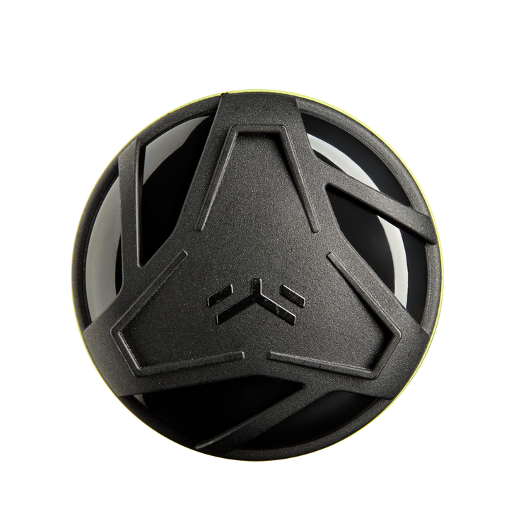 A matte black sphere with a raised triangular pattern and fine etched lines, echoing the bold design of the 2025 DeMarini The Goods Neon Yellow (-3) BBCOR Baseball Bat by DeMarini, stands against a white backdrop.