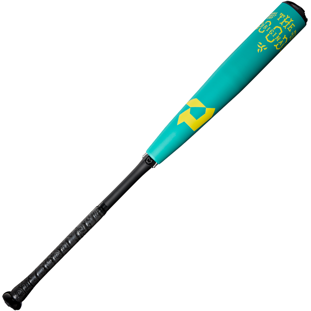 The 2025 DeMarini The Goods Teal (-3) BBCOR Baseball Bat (WBD2564010) is shown on a white background, featuring teal and black colors with a yellow geometric design and yellow text near the barrel end.