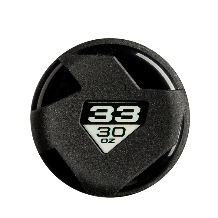 Close-up of a black circular X14 Alloy Barrel label, showing "38" above "30 oz" in black and white, as seen on the 2025 DeMarini The Goods Teal (-3) BBCOR Baseball Bat: WBD2564010 by DeMarini; plain white background.