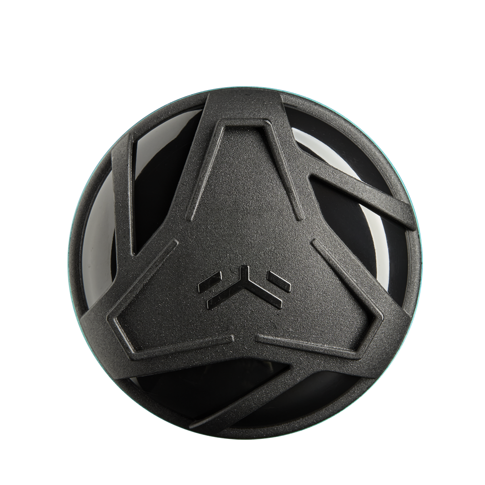 A black, spherical object with a geometric three-pronged overlay reminiscent of the 2025 DeMarini The Goods Teal (-3) BBCOR Baseball Bat (WBD2564010) by DeMarini, featuring a central angular logo and viewed from above on a white background.