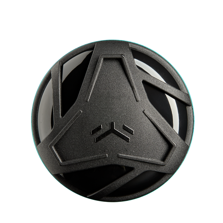 A black, spherical object with a geometric three-pronged overlay reminiscent of the 2025 DeMarini The Goods Teal (-3) BBCOR Baseball Bat (WBD2564010) by DeMarini, featuring a central angular logo and viewed from above on a white background.