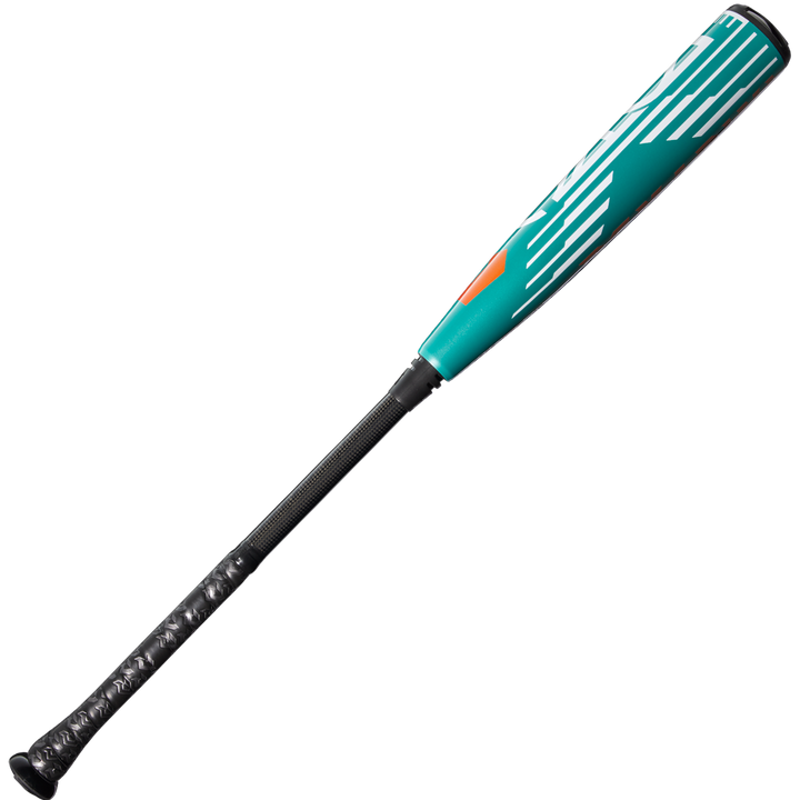 The 2026 DeMarini Omega (-3) BBCOR Baseball Bat (WBD2586010), featuring a teal and black design with white diagonal stripes and an orange accent near the barrel, is shown on a white background.