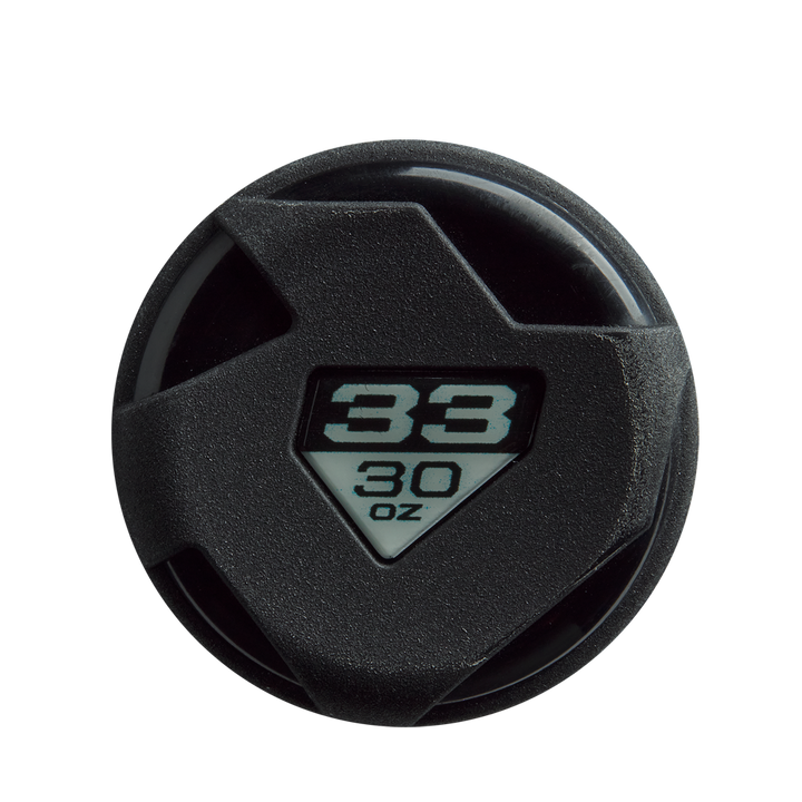 A black circular cap with a triangular window showing "38" above "30 oz" in black on white, designed for the 2026 DeMarini Omega (-3) BBCOR Baseball Bat (WBD2586010) by DeMarini.