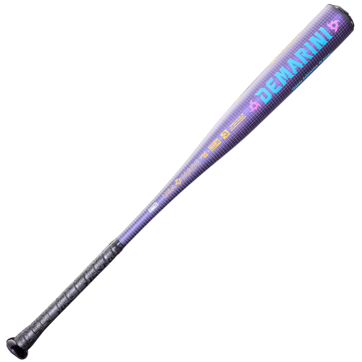 A 2026 DeMarini Voodoo One (-3) BBCOR Baseball Bat (WBD2587010, DEMO) in purple with a black grip and neon blue and pink branding, displayed on a white background.