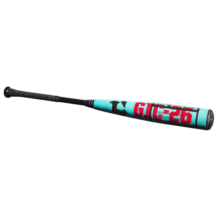 The 2026 DeMarini The Goods (-3) BBCOR Baseball Bat (WBD2588010) features a teal and black design, textured black grip, bold red, white, and black "GIG26" graphics, and an X14 Alloy Barrel, shown on a plain white background.