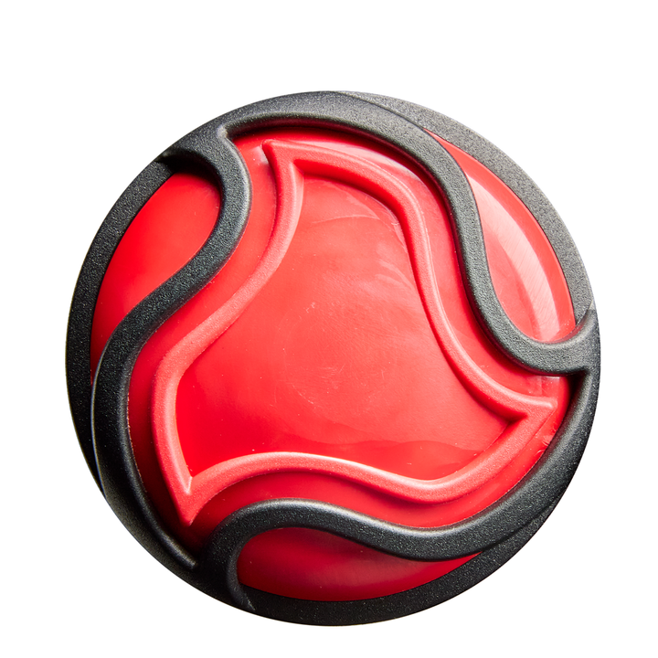 A round, red object with a smooth surface and a raised black-and-red wavy pattern on top, inspired by the bold design of the 2026 DeMarini Exile (-3) BBCOR Baseball Bat: WBD2589010 from DeMarini, isolated on a white background.