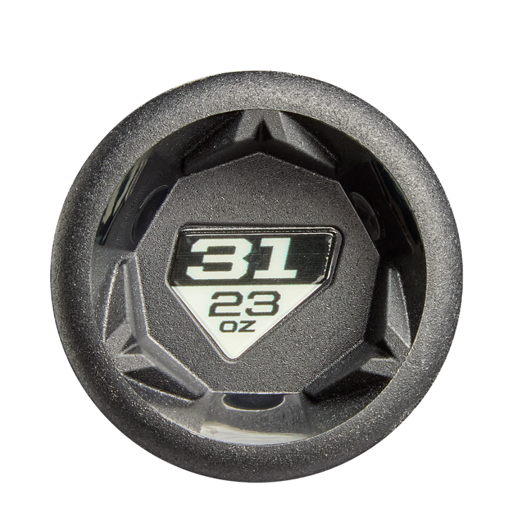 A black, hexagonal dumbbell end cap labeled "31/23 oz" in white on a black and silver background, featuring a design inspired by the sleek 2026 DeMarini ZEN (-8) 2 3/4" USSSA Baseball Bat from DeMarini with two-piece construction.