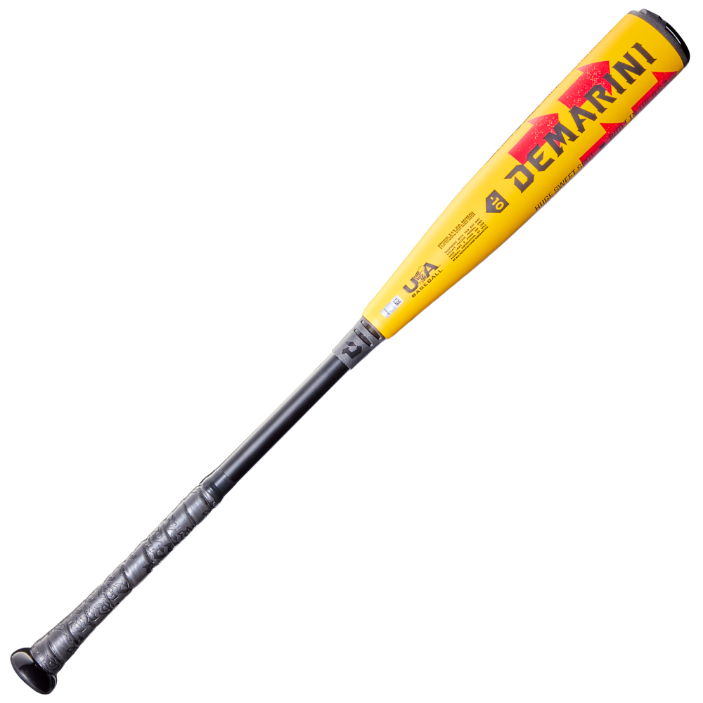 A yellow and black DeMarini 2026 The Goods (-10) USA Baseball Bat (WBD2601010) with a black grip, red logo, X14 Alloy Barrel, and certification markings is shown on a white background.