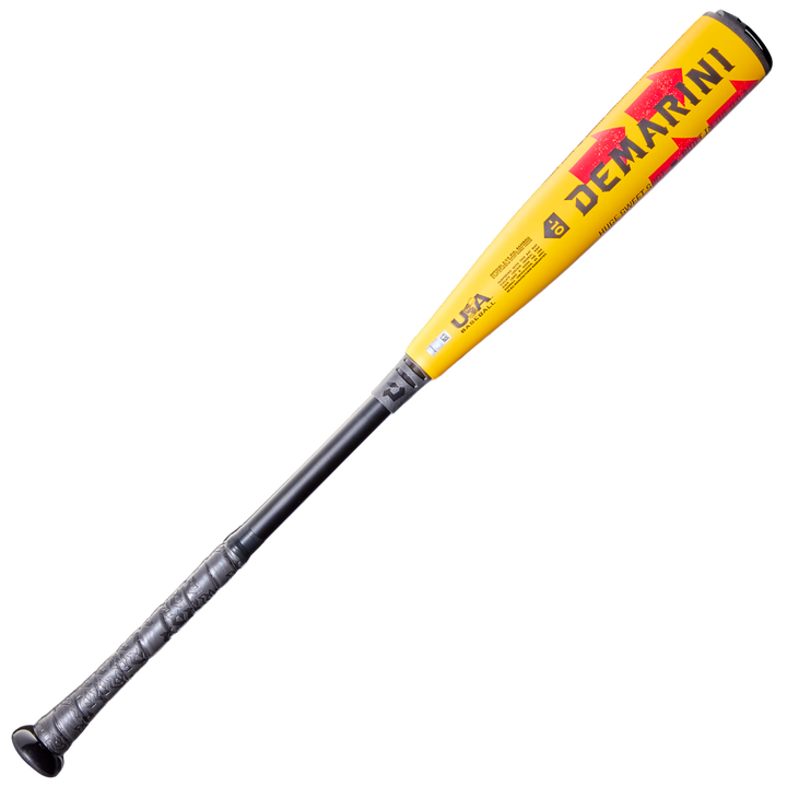 A yellow and black DeMarini 2026 The Goods (-10) USA Baseball Bat (WBD2601010) with a black grip, red logo, X14 Alloy Barrel, and certification markings is shown on a white background.
