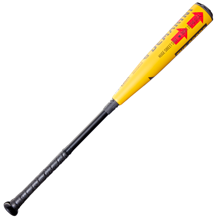 A yellow and black DeMarini 2026 The Goods (-10) 2 5/8" USA Baseball Bat (WBD2601010) with a black grip, red arrows, and text on its X14 Alloy Barrel is shown on a white background.
