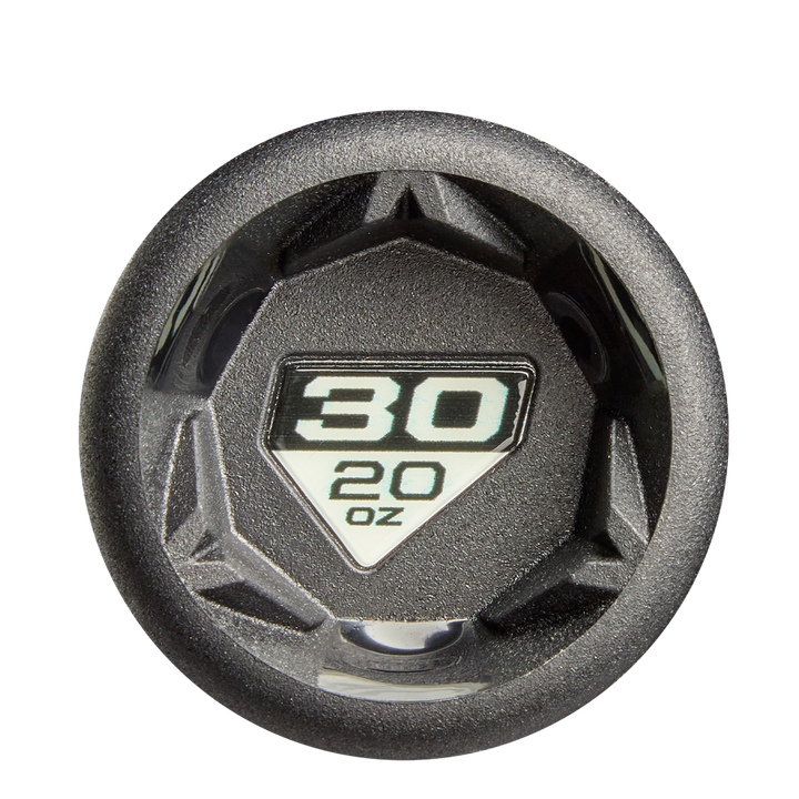 A black round dumbbell end cap labeled 30 and 20 oz in white, echoing the precise weight markings on a DeMarini The Goods (-10) 2 5/8" USA Baseball Bat (WBD2601010), photographed against a plain white background.