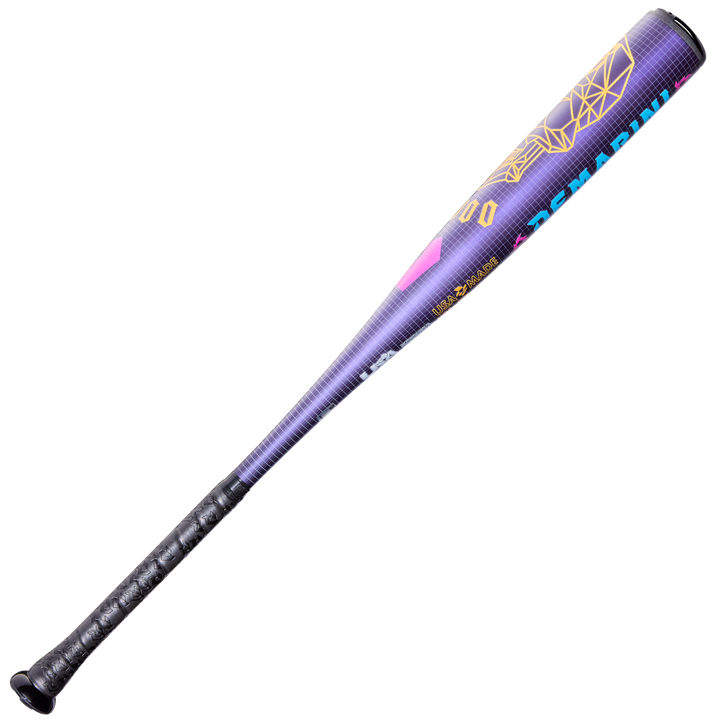 The 2026 DeMarini Voodoo One (-5) USA Baseball Bat (WBD2603010) features a black grip, a vibrant geometric barrel in purple, blue, yellow, and pink, and durable X14 Alloy construction. Brand: DeMarini. Displayed on a white background.