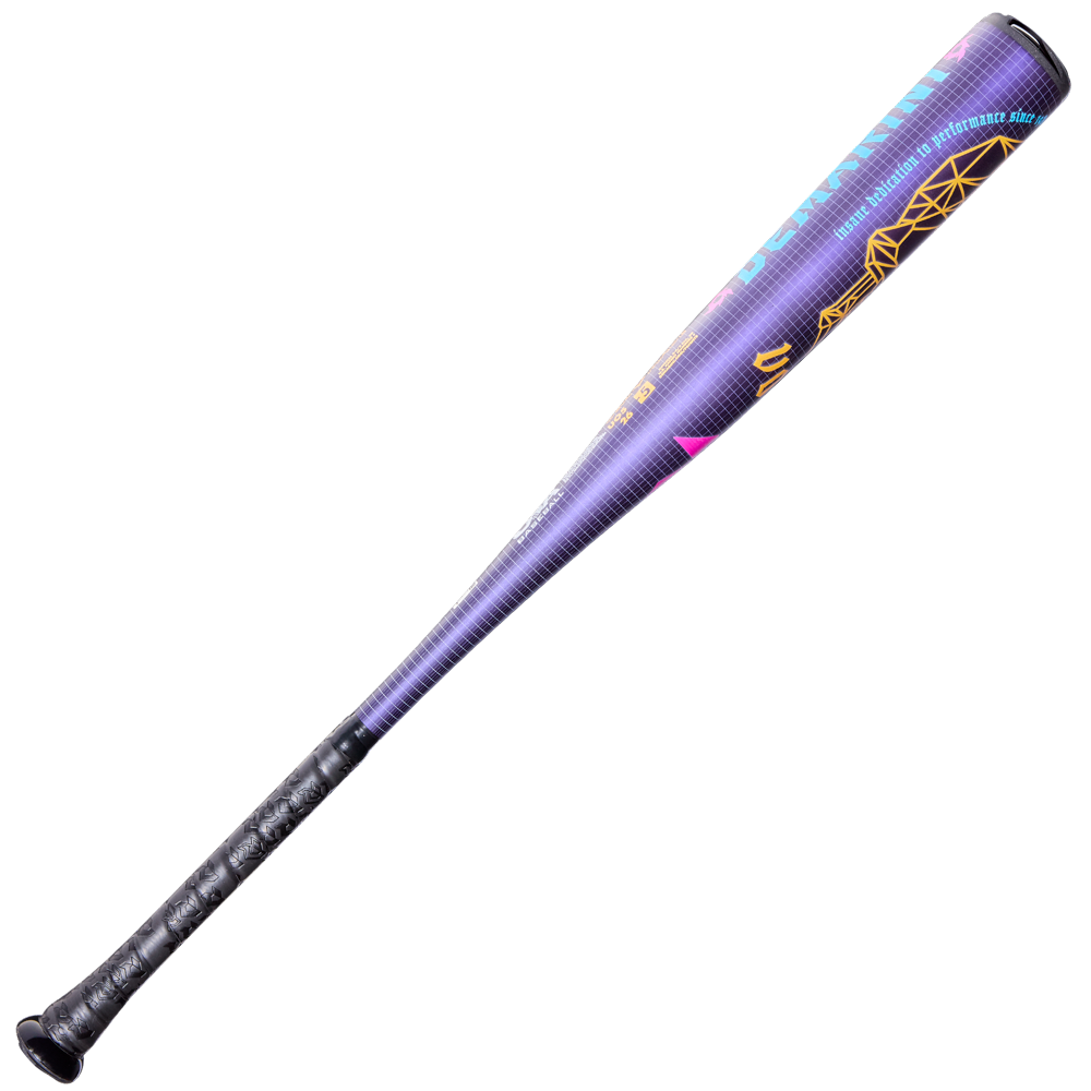 The 2026 DeMarini Voodoo One (-5) 2 5/8" USA Baseball Bat (WBD2603010) features purple and black colors, colorful graphics, a geometric yellow design near the barrel, X14 Alloy construction, and a textured black grip on the handle.