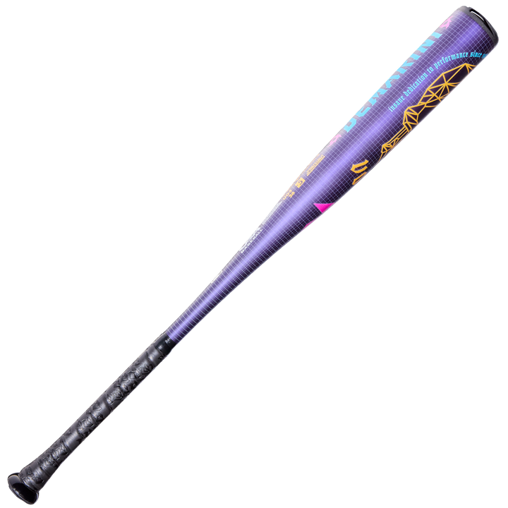The 2026 DeMarini Voodoo One (-5) 2 5/8" USA Baseball Bat (WBD2603010) features purple and black colors, colorful graphics, a geometric yellow design near the barrel, X14 Alloy construction, and a textured black grip on the handle.