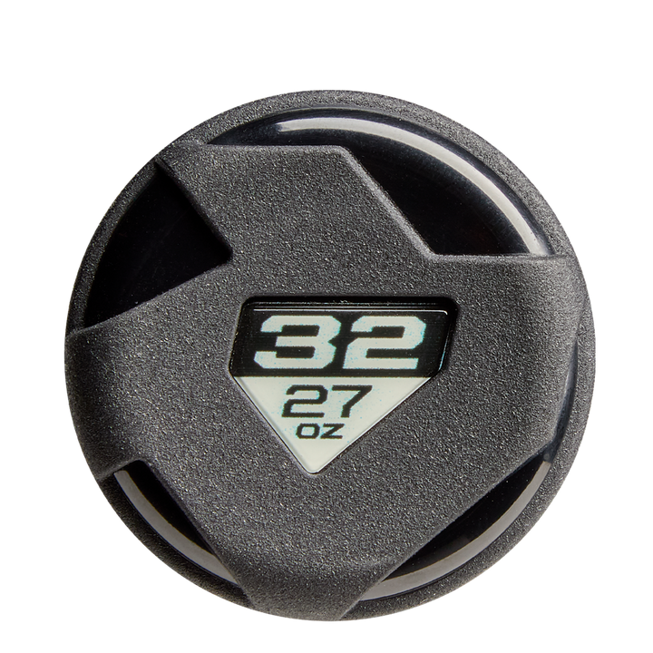 A black plastic cap with a geometric texture features a triangular window showing 32 and 27 oz in white, evoking the precision of the 2026 DeMarini Voodoo One (-5) USA Baseball Bat (WBD2603010) by DeMarini.