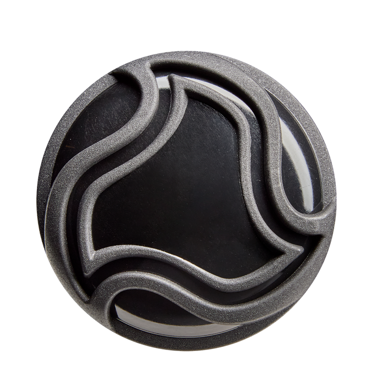 A round, black object with raised, wavy silver lines forming an abstract pattern—evoking the X14 Alloy of the 2026 DeMarini Voodoo One (-5) 2 5/8" USA Baseball Bat (WBD2603010)—is shown against a white background.