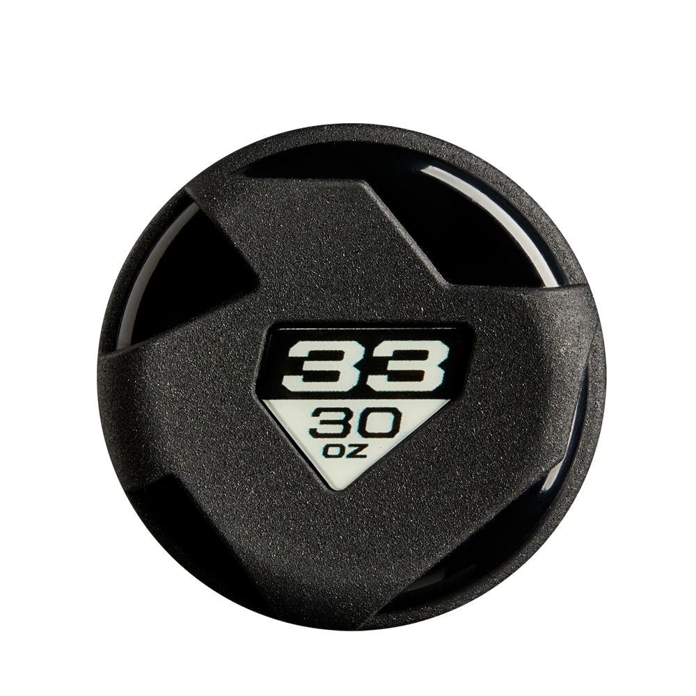 Top view of a black lid with a triangular window showing "38 above 30 OZ" in bold on white, reflecting the precision engineering of the DeMarini Voodoo One Rose Gold (-3) BBCOR Baseball Bat: WBD2628010 by DeMarini.
