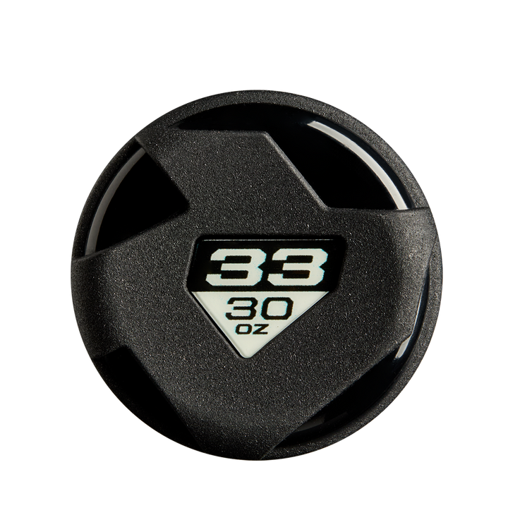 Top view of a black lid with a triangular window showing "38 above 30 OZ" in bold on white, reflecting the precision engineering of the DeMarini Voodoo One Rose Gold (-3) BBCOR Baseball Bat: WBD2628010 by DeMarini.