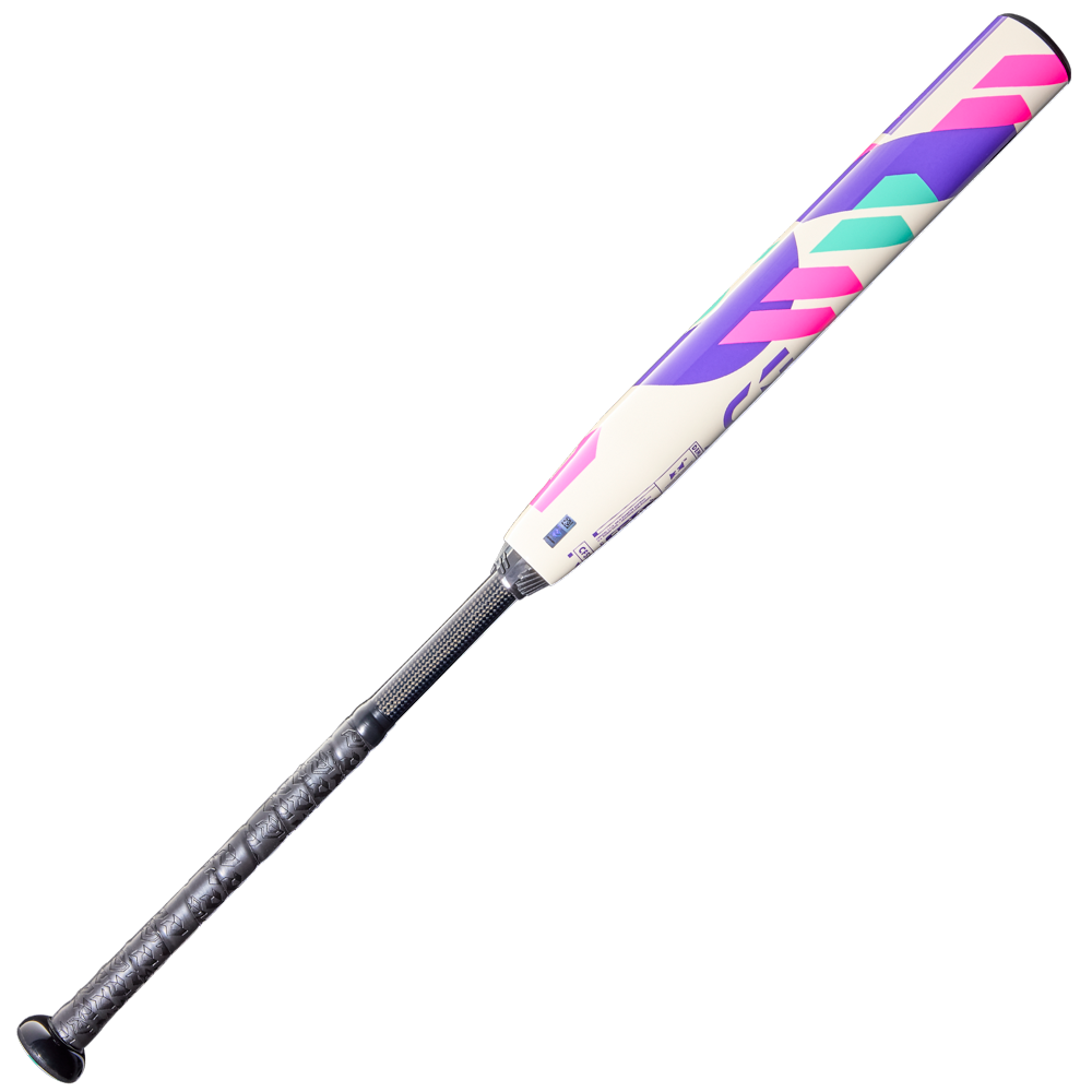 The 2026 DeMarini CF FE (-11) Fastpitch Softball Bat (WBD2630010 DEMO) features a black grip and a white Paraflex Plus Composite Barrel with bold pink, teal, and purple geometric designs, shown on a white background.