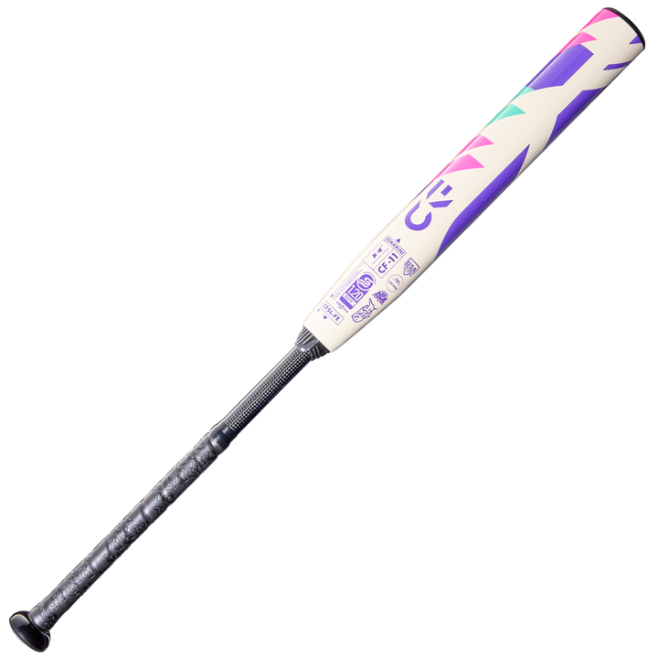 The 2026 DeMarini CF FE (-11) Fastpitch Softball Bat (WBD2630010) features a white Paraflex Plus Composite Barrel with purple, teal, and pink geometric designs and a black grip, shown on a plain light background.