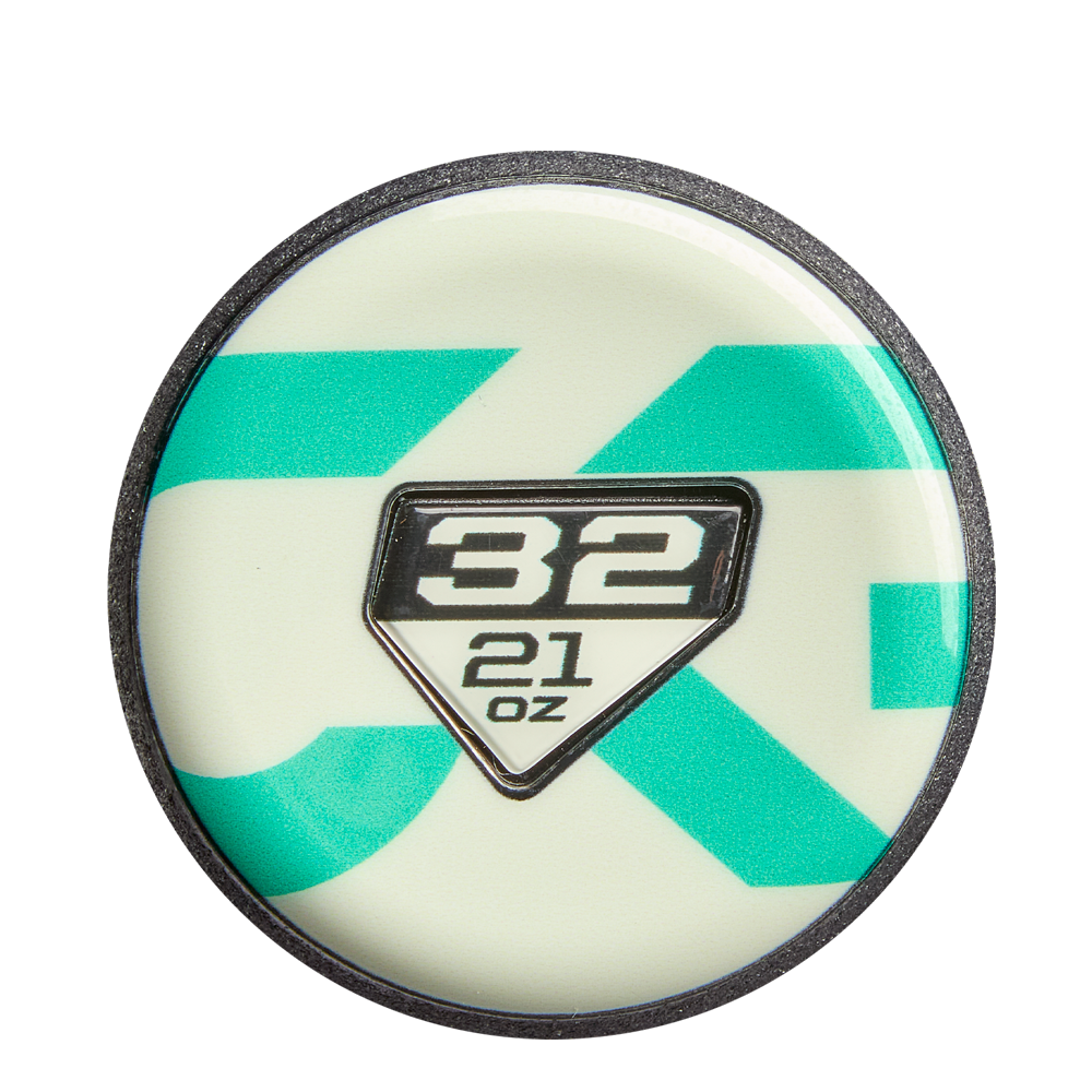 Round object with a white and teal background, black-outlined shield at center displaying "32 21 oz" in black—perfect for highlighting the 2026 DeMarini CF FE (-11) Fastpitch Softball Bat: WBD2630010 (DEMO) from DeMarini.