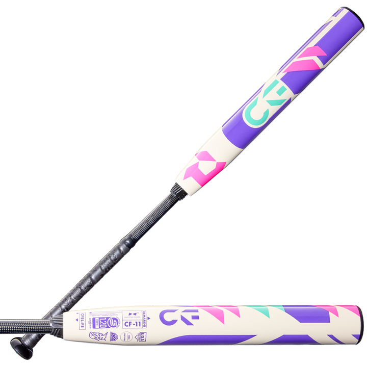 Two modern DeMarini 2026 CF FE (-11) Fastpitch Softball Bats (WBD2630010) with white bases and bold purple, pink, teal, and green geometric designs are crossed on a light gray background.