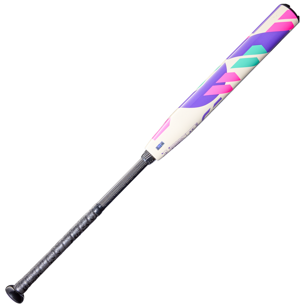 The DeMarini 2026 CF FE (-10) Fastpitch Softball Bat: WBD2631010 (DEMO) features a black grip, colorful geometric barrel in purple, pink, teal, and cream, and a Paraflex Plus Composite Barrel for balanced swings. Set on a white background.
