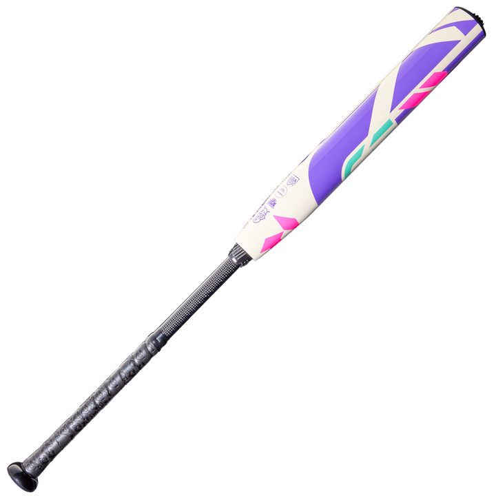 The 2026 DeMarini CF FE (-10) Fastpitch Softball Bat (WBD2631010 DEMO) features a black grip and abstract purple, pink, and teal Paraflex Plus Composite Barrel for a balanced swing, shown on a plain white background.