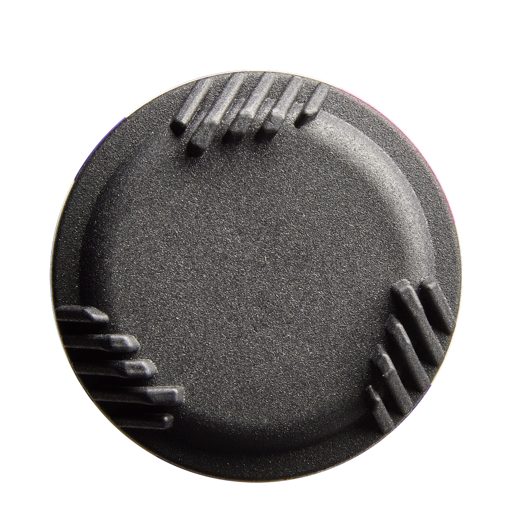 A round, black object with a matte finish and three sets of raised ridges resembling the 2026 DeMarini CF FE (-10) Fastpitch Softball Bat by DeMarini, photographed on a white background.
