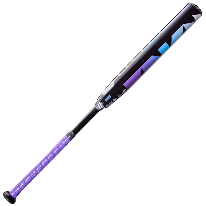 The 2026 DeMarini Prism+ (-11) Fastpitch Softball Bat (WBD2636010) features a black barrel with blue and purple geometric designs, a Continuous Fiber Composite Barrel, and a purple grip, shown on a white background.