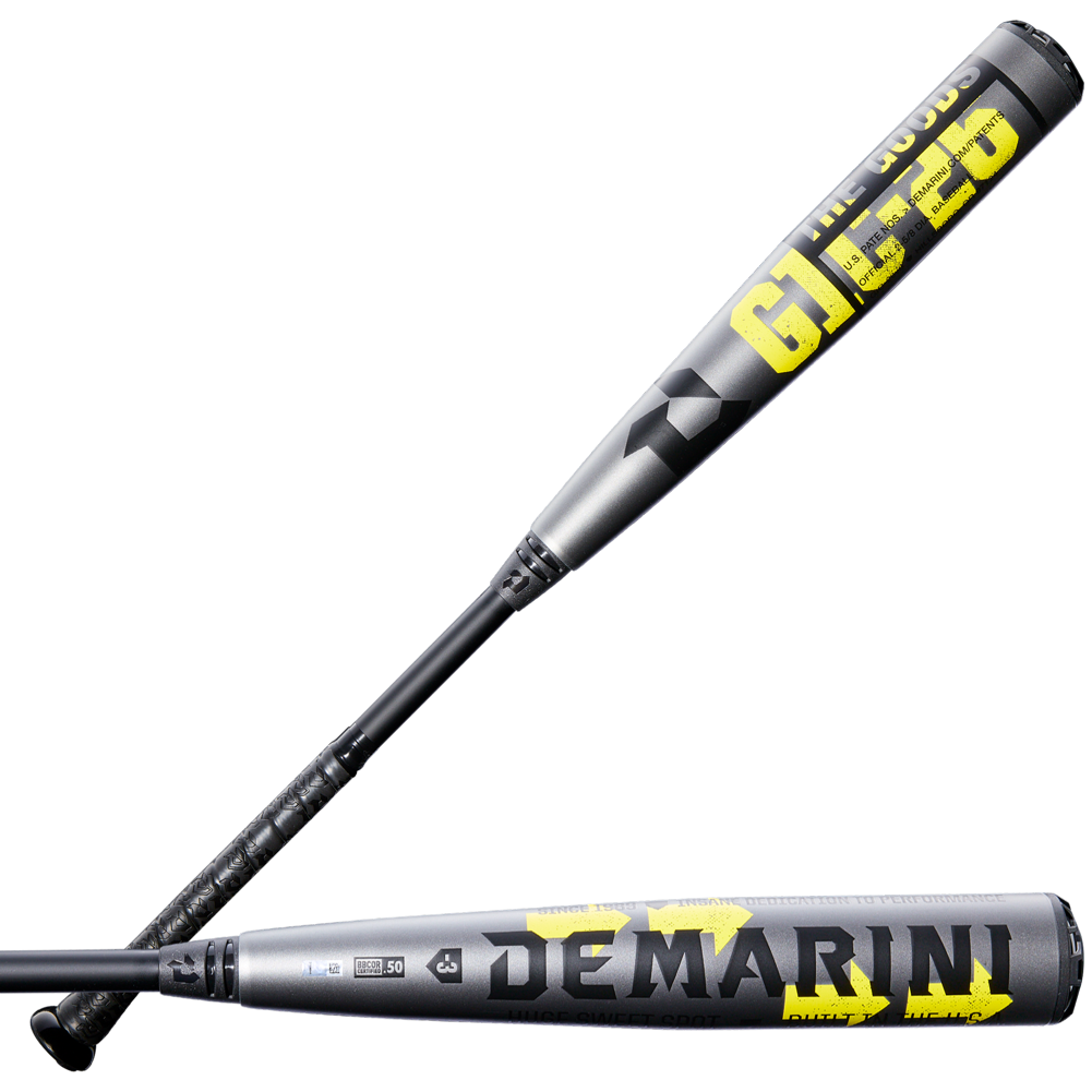 Two DeMarini 2026 The Goods Gunmetal (-3) BBCOR bats are shown. One highlights “THE GOODS” and “G13-26” in bold yellow/white on its X14 Alloy Barrel; the other displays the DeMarini logo and brand name.