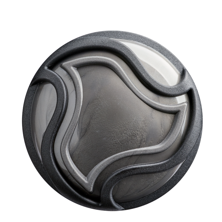 A round, abstract object with smooth marbled gray and white surfaces, outlined by wavy black lines in a modern styleβevoking the sleek design of the 2026 DeMarini Exile Cyborg (-3) BBCOR Baseball Bat: WBD2654010 by DeMarini.