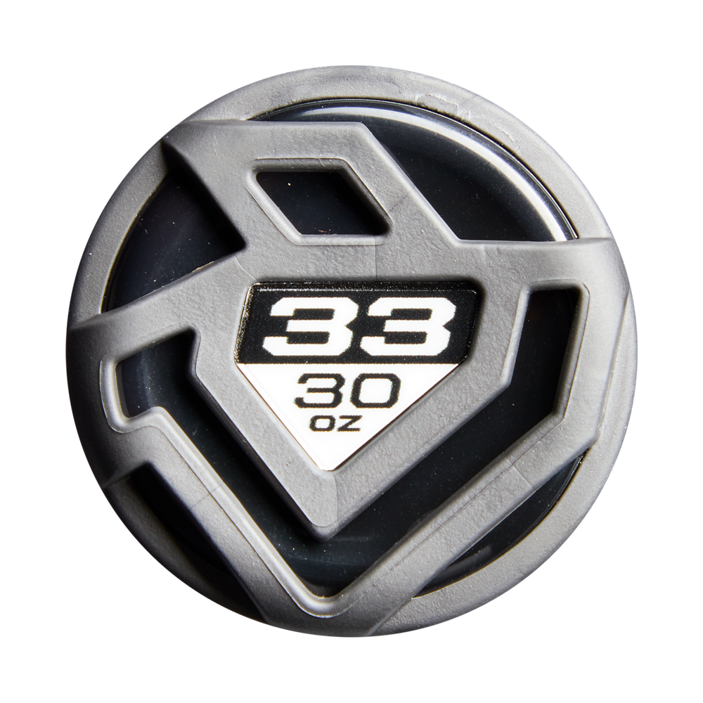 A gray, round container lid with a geometric design displays “38” in bold white above “30 oz” on a black and white background, evoking the 2026 DeMarini Exile Rogue (-3) BBCOR Baseball Bat: WBD2660010 by DeMarini.