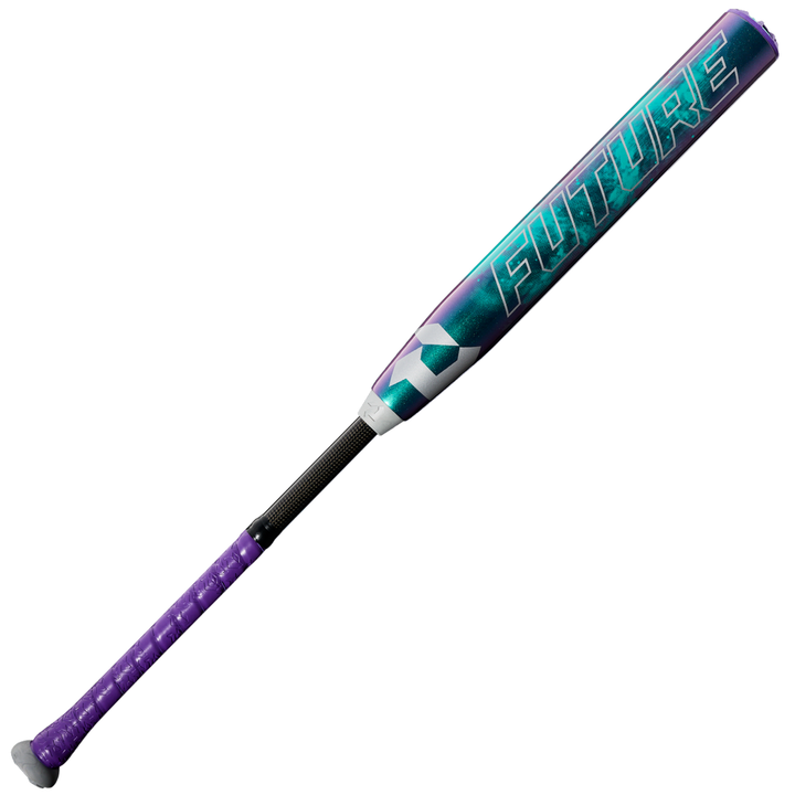 The 2026 DeMarini Future (-10) Fastpitch Softball Bat (WBD2674010) features a purple and teal barrel with bold “FUTURE” lettering, a black grip, and a large sweet spot designed for powerful hits.