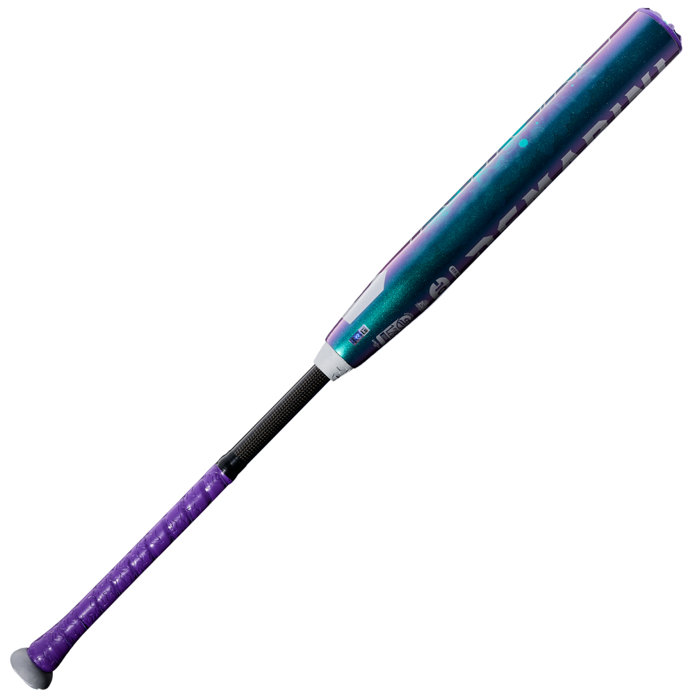 The 2026 DeMarini Future (-10) Fastpitch Softball Bat (WBD2674010) features a metallic blue and purple barrel, a black handle with a purple grip, and a large sweet spot for optimal performance. Shown on a white background.