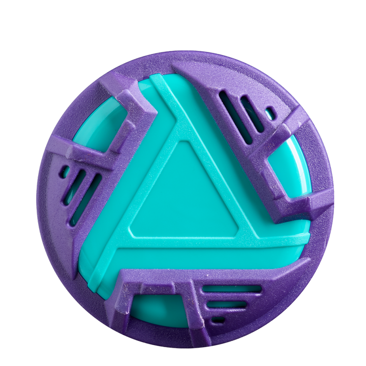 A round teal object with a raised triangle in the center, inspired by the DeMarini Future (-10) Fastpitch Softball Bat: WBD2674010, is encased in a purple geometric frame featuring angular cutouts for a futuristic look.