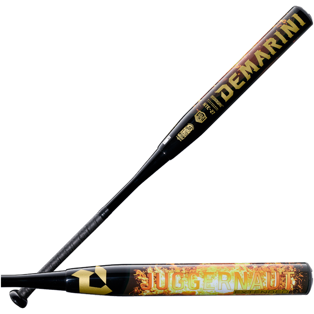 Two black DeMarini Juggy Extended 13" Endload USA slowpitch softball bats (WBD2680010) feature yellow and orange graphics; one shows the DeMarini logo, the other displays Juggernaut with a fiery design and "Stacked Composite Barrel.