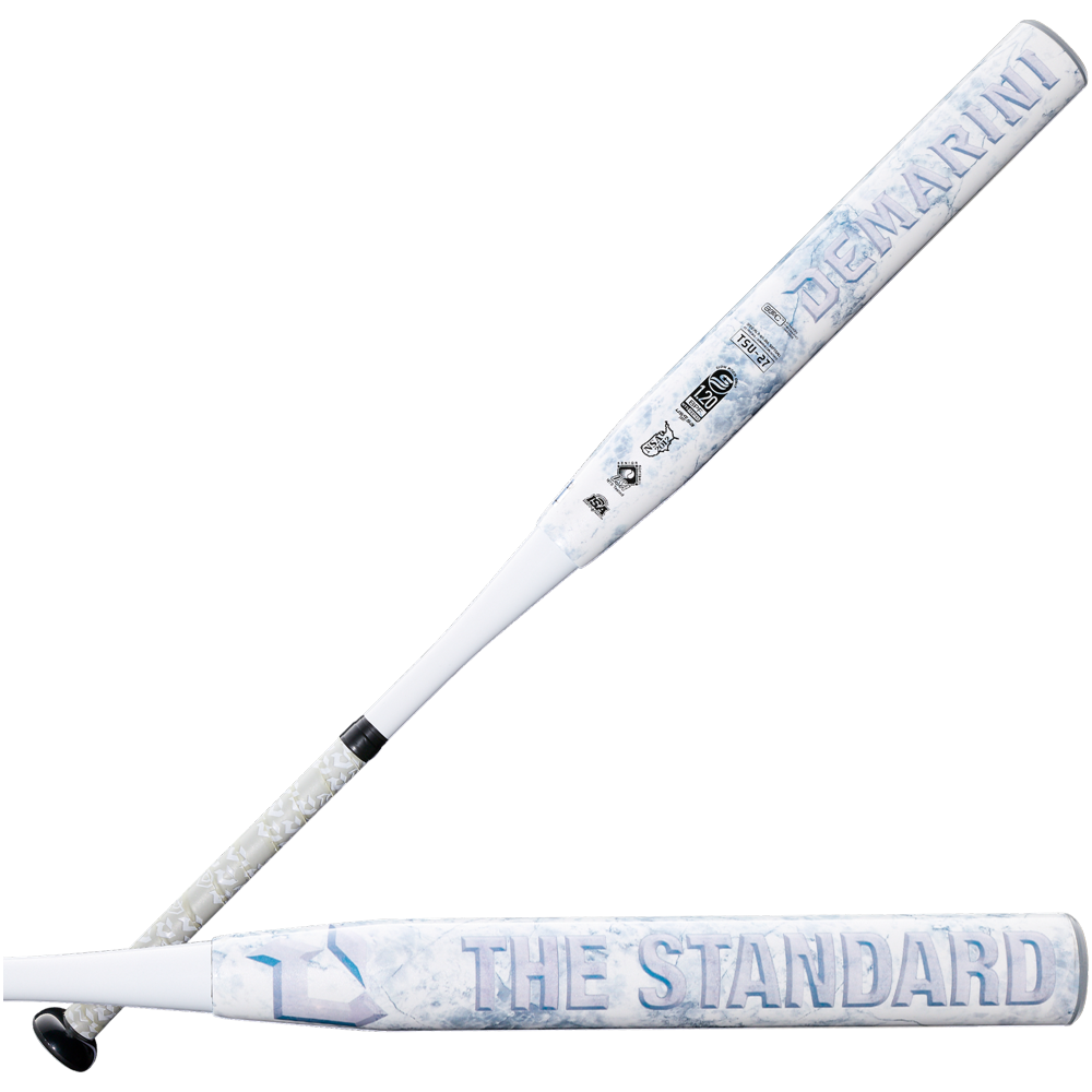 Two angles of the 2027 DeMarini The Standard 13.5" Endload NSA USSSA Slowpitch Softball Bat (WBD2683010) show a white barrel with "DeMarini" and "THE STANDARD" in bold blue, plus a speckled gray ZnX Alloy Handle.