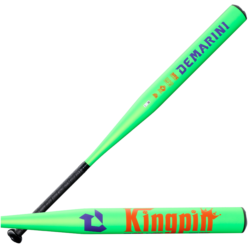 Two bright green DeMarini composite senior slowpitch bats with black handles: the 2027 Kingpin 13.5" Midload SSUSA shows "Kingpin" in red-orange with a purple logo; the other features “DeMARINI” in blue. Perfect for senior play.