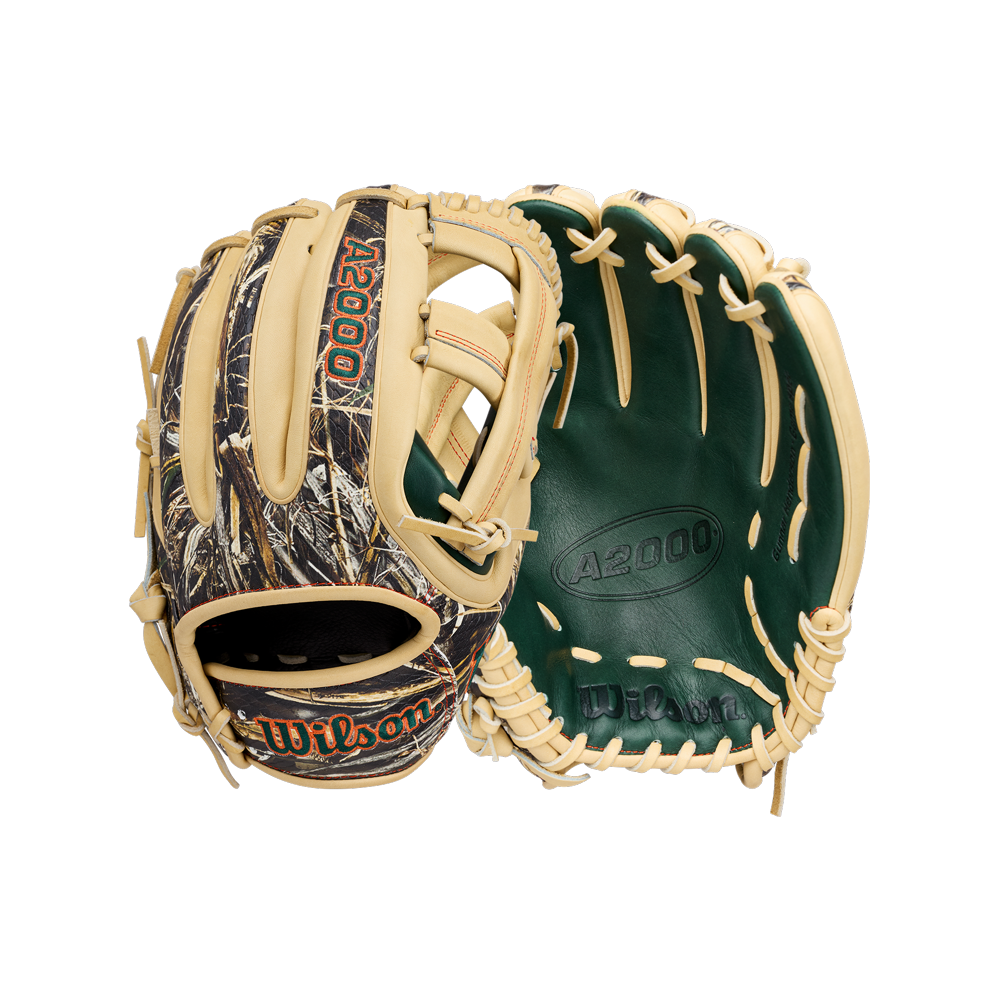 Two Wilson A2000 GH2 11.75″ Gunnar Henderson GM Baseball Gloves by Wilson are positioned side by side on a white background—one highlights the distinctive camo-patterned back, while the other displays the striking green palm with tan lacing. Designed for infield play, these gloves blend bold style with the trusted performance of Wilson craftsmanship.